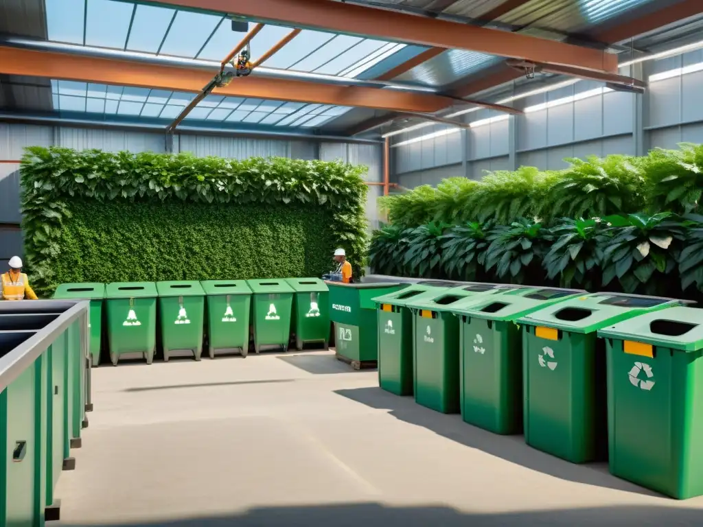 Avanzada planta de reciclaje con tecnologías innovadoras en un mundo verde, rodeada de exuberante vegetación y maquinaria futurista