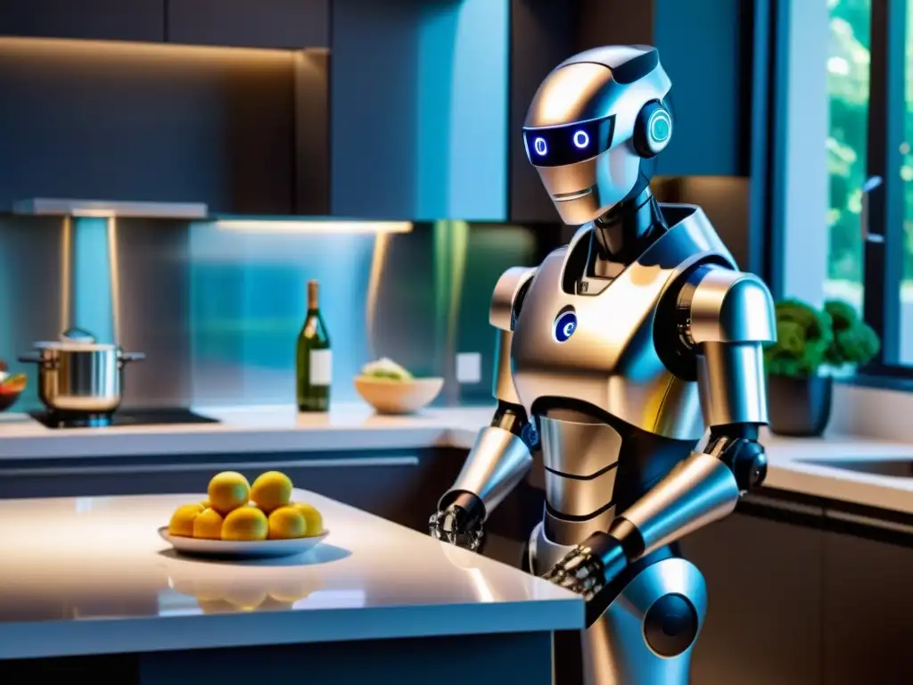 Un avanzado robot humanoide en la cocina, cocinando y interactuando con la familia