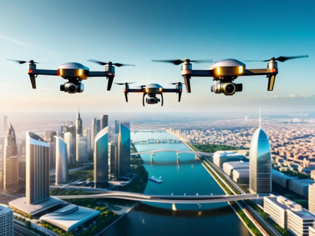 Avanzados drones forman en el cielo sobre ciudad futurista