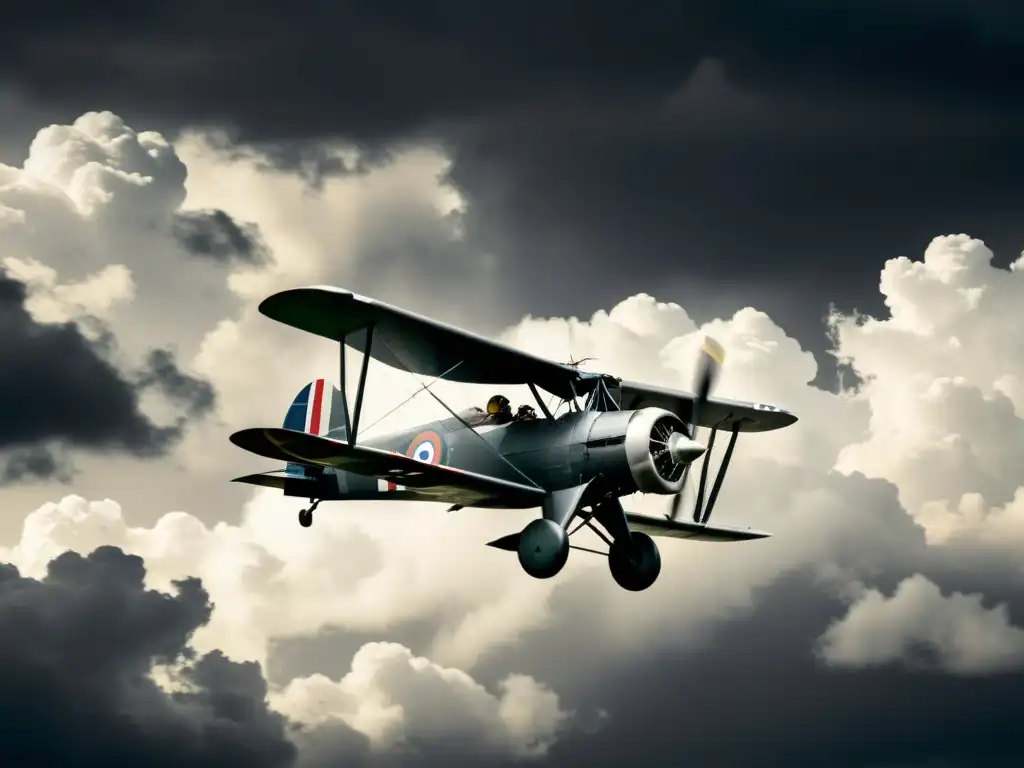 Un avión biplano vintage vuela audazmente en el cielo nublado, capturando la emoción de los avances en sistemas de navegación aérea en el siglo XX