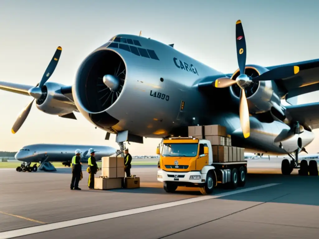 Un avión de carga gigante de la historia de la aviación siendo cargado por trabajadores en un bullicioso aeropuerto