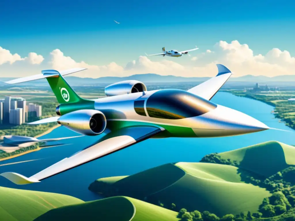 Un avión eléctrico ecológico surcando el cielo azul, simbolizando la propulsión eléctrica aviones ecológicos en un entorno sostenible y futurista