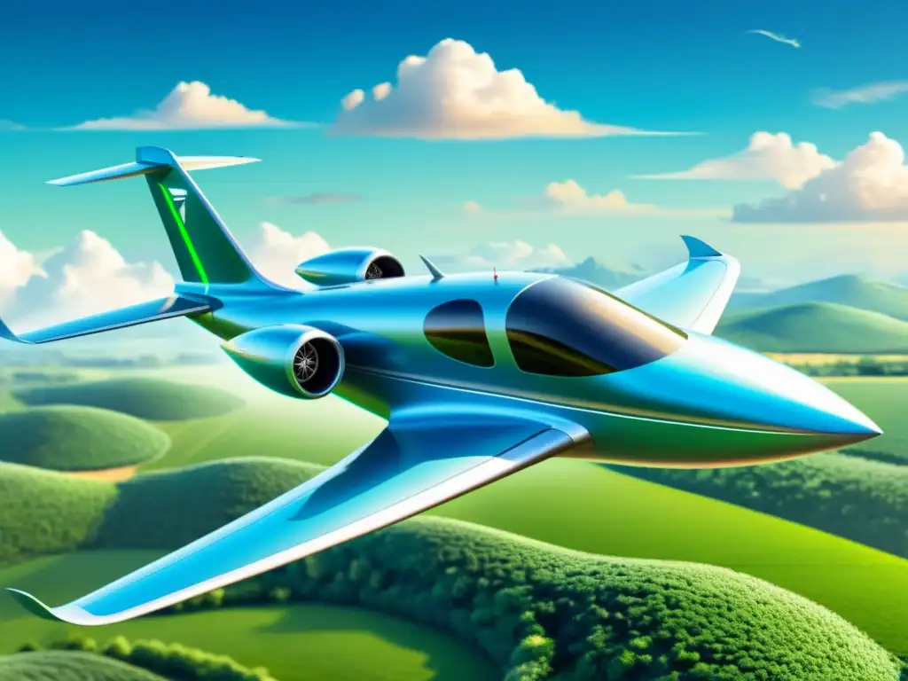 Un avión eléctrico futurista surca un paisaje verde, con propulsión eléctrica y energía renovable