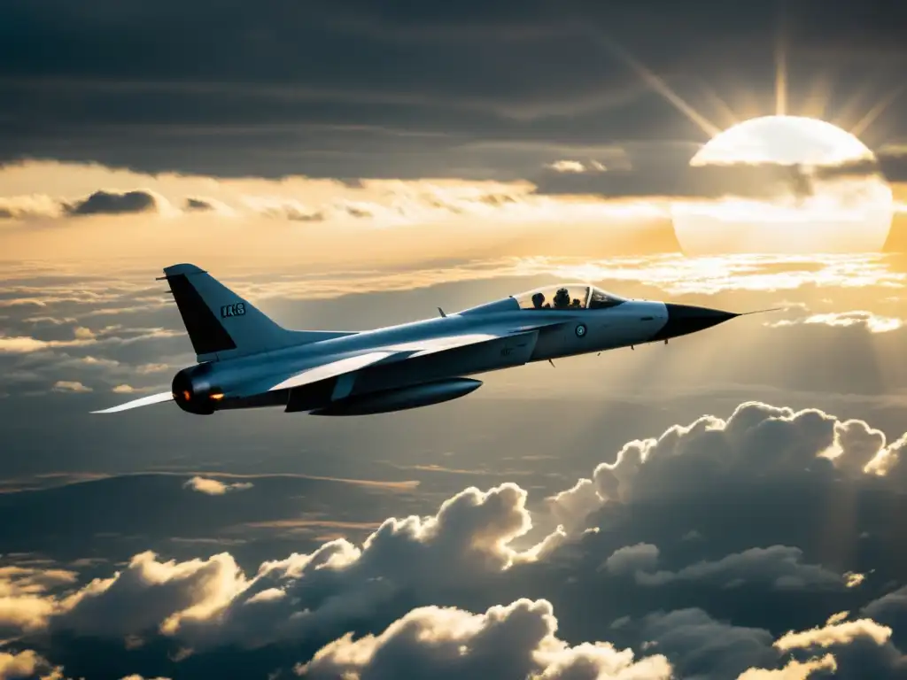 Un avión vintage surca las nubes al atardecer, mostrando el avance en el diseño de aviones más veloces