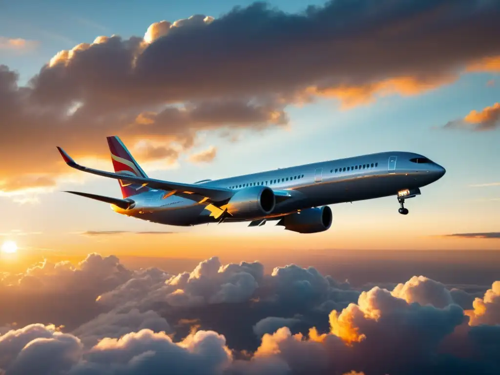 Un avión de pasajeros moderno surca las nubes al atardecer, reflejando el desarrollo de la aviación moderna