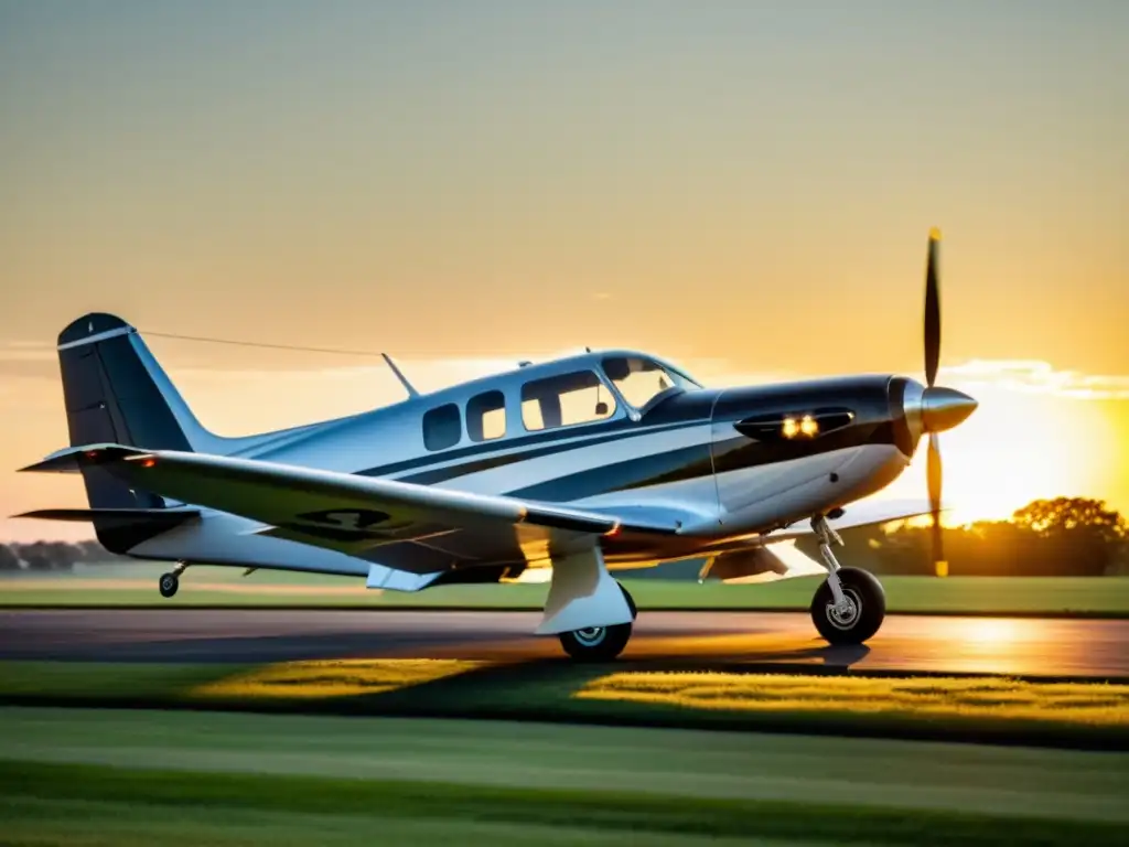 Avión privado vintage en puesta de sol dorada Un avión privado elegante y sofisticado estacionado en una pista de césped al atardecer, reflejando la luz dorada del sol