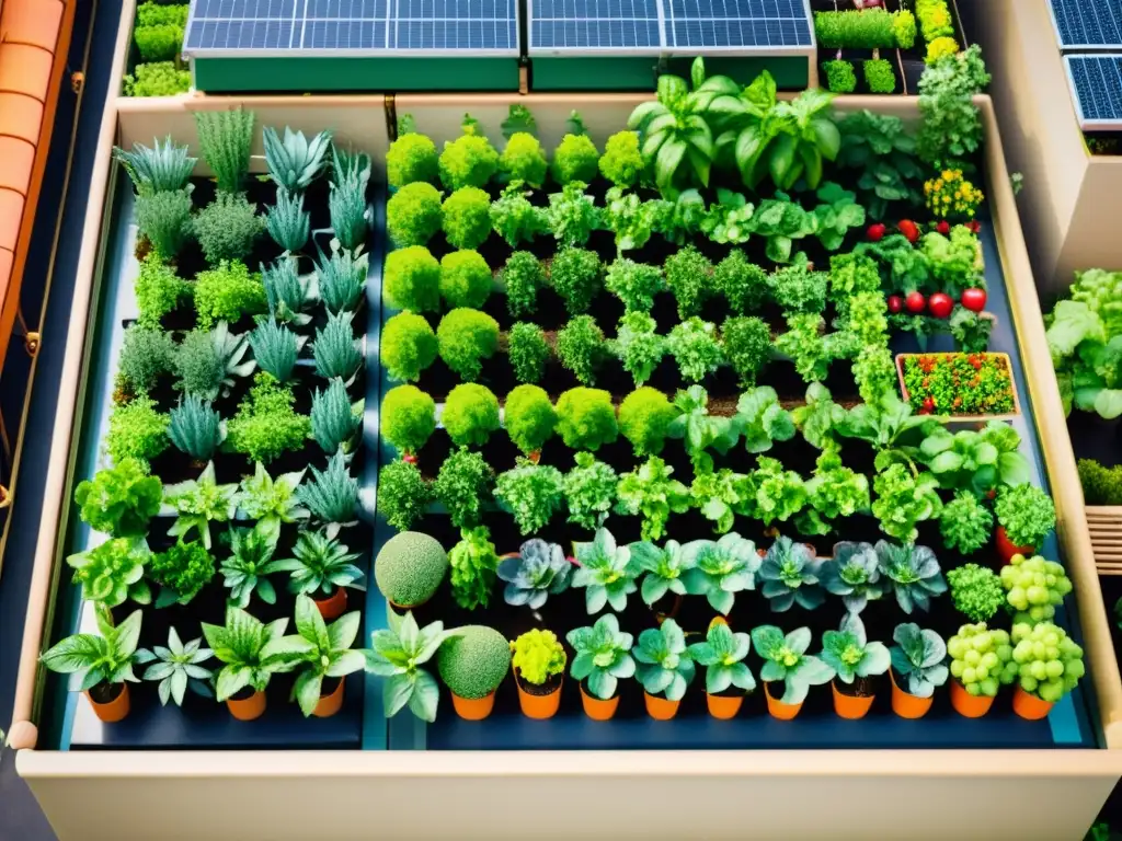 Un jardín en la azotea de una ciudad, muestra tecnología sostenible y agricultura urbana