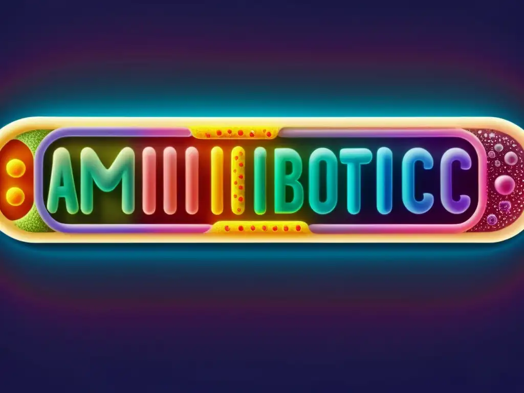 Ilustración vintage de bacteria y antibióticos en equilibrio, simbolizando el impacto microbiota salud farmacéutica en un laboratorio cálido y sepia