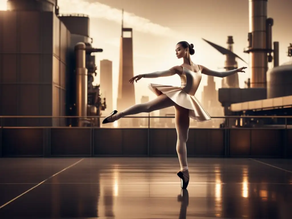 Una ballerina y un robot danzando en una ciudad futurista, simbolizando la integración de la robótica en la danza contemporánea