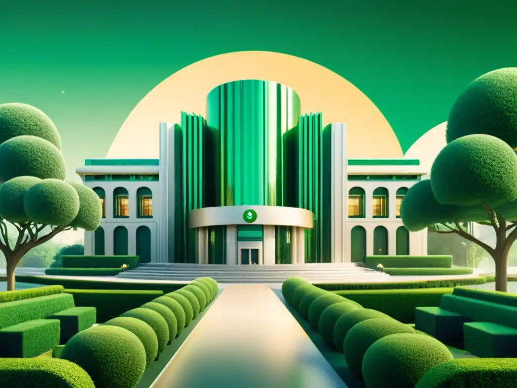 Ilustración vintage de un banco futurista, fusionando arquitectura metálica con exuberantes jardines