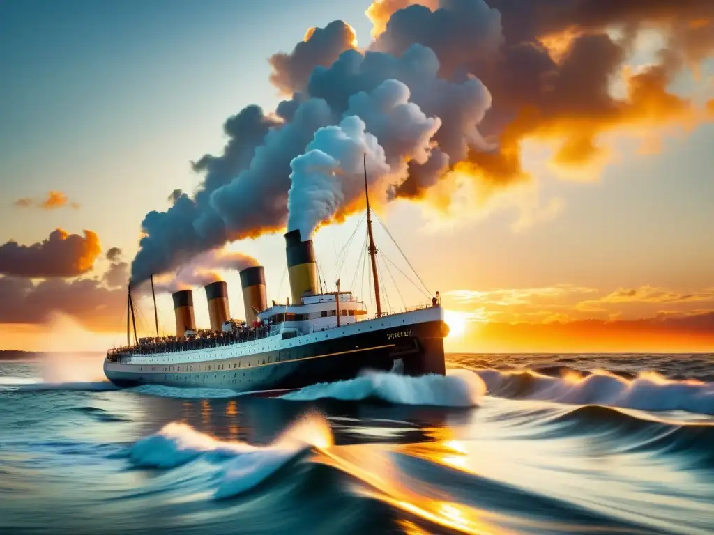 Un barco de vapor vintage corta las aguas al atardecer, reflejando el impacto de los barcos de vapor en la navegación y el transporte