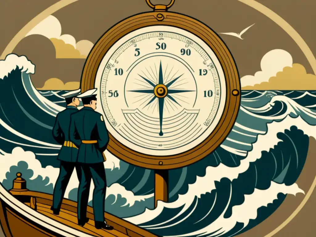 Sailors using a barometer to navigate a stormy sea, capturing the tension and importance of using the barometer for navigation in challenging weather