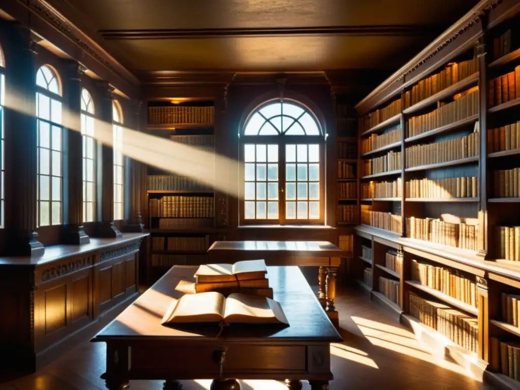 Una biblioteca antigua iluminada por el sol, llena de libros y manuscritos antiguos