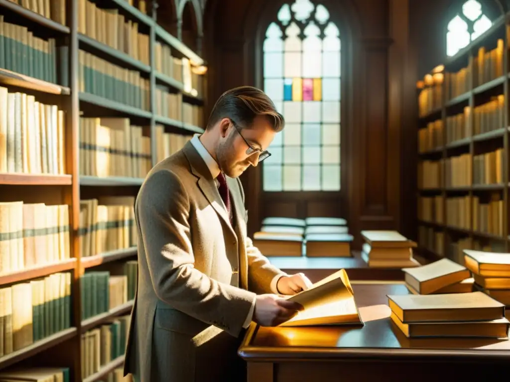 Una biblioteca antigua llena de libros y conocimiento, con un ambiente de reverencia académica