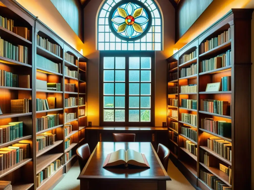 Una biblioteca vintage con estanterías de madera antigua llenas de libros encuadernados en cuero, iluminada por suave luz solar a través de vitrales