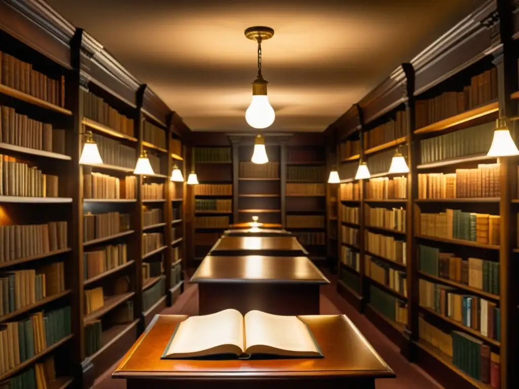 Una biblioteca vintage iluminada con tenues luces, libros de cuero y ambiente acogedor, evocando bibliotecas virtuales acceso conocimiento digital