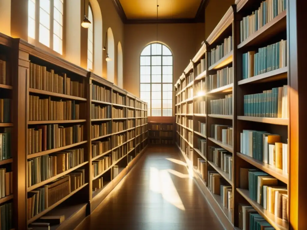 Una biblioteca vintage llena de libros antiguos, bañada por la luz dorada del sol