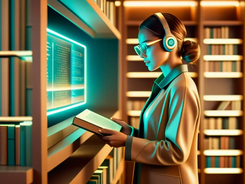 Una biblioteca virtual futurista con libros holográficos e interfaces digitales, en una atmósfera serena y sofisticada