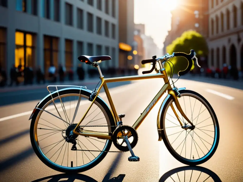 Una bicicleta moderna con tecnología avanzada, en una escena vintage de la ciudad que evoca la historia y evolución del pedaleando a través del tiempo