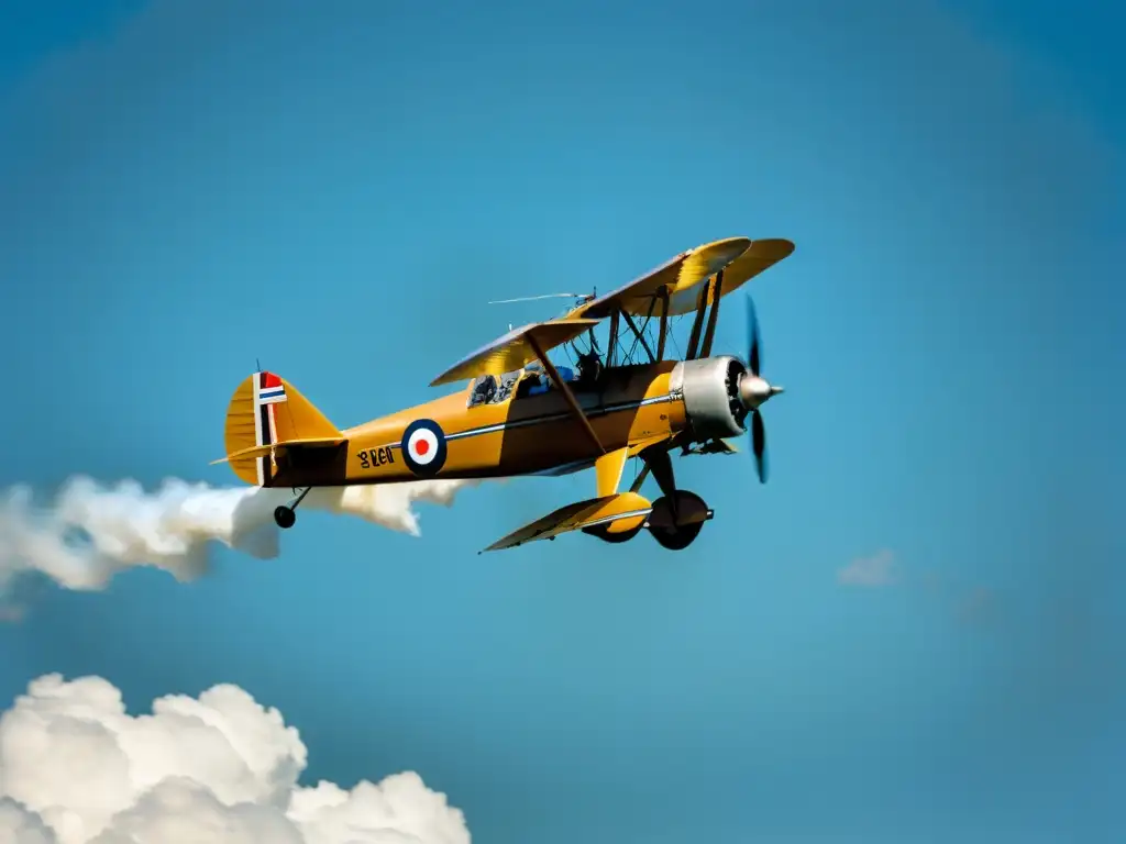 Un biplano vintage surca el cielo azul, con el piloto usando gorra de cuero y gafas