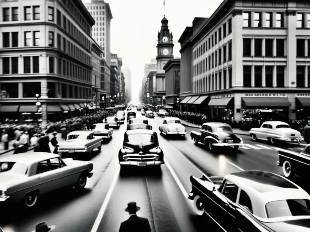 Una fotografía en blanco y negro de una animada calle de la ciudad, con autos antiguos y peatones cruzando en una concurrida intersección