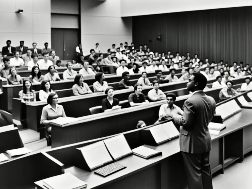 Una fotografía en blanco y negro de una animada sala de conferencias en una universidad prestigiosa, con estudiantes participando entusiastas en una conferencia mientras el profesor se encuentra al frente, haciendo gestos apasionados