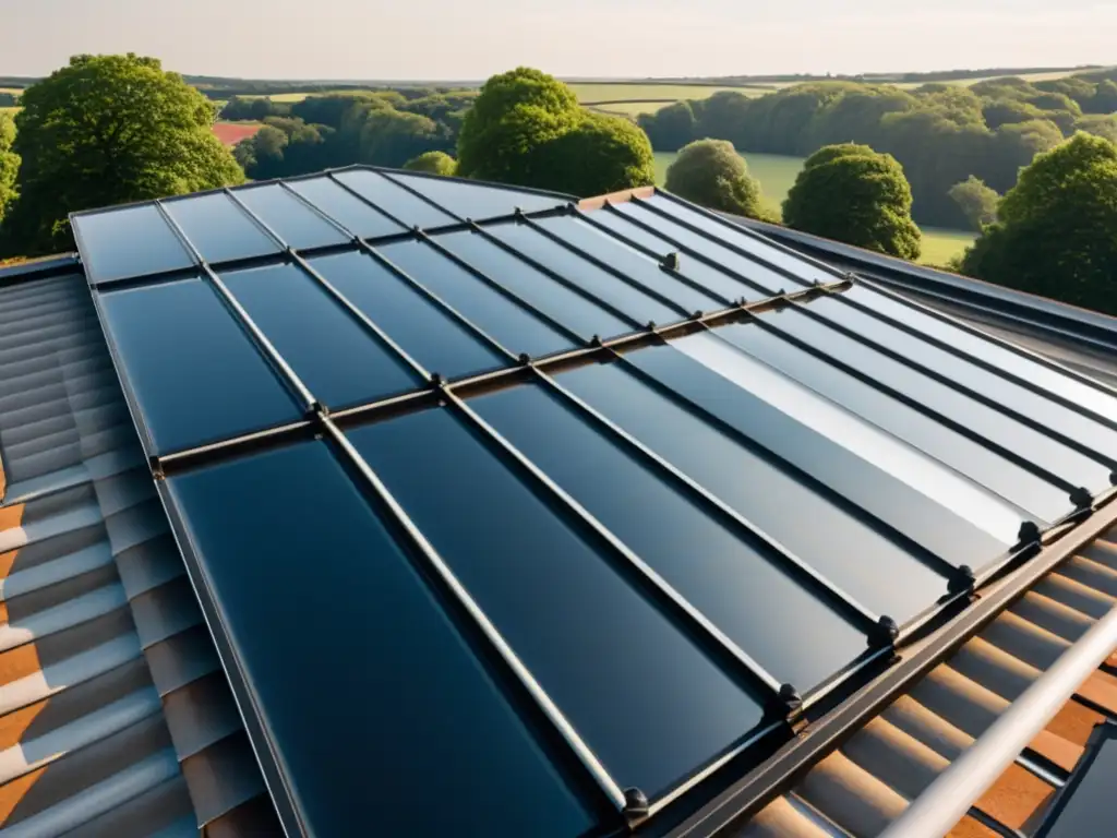 Una fotografía en blanco y negro de un antiguo sistema de calefacción solar histórico en el techo de un edificio europeo