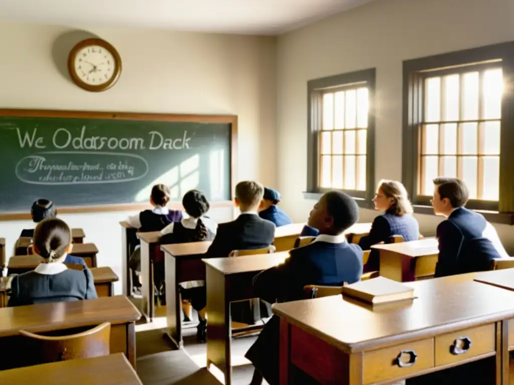 Clase histórica del siglo XX: evolución educativa Una fotografía en blanco y negro de un aula de principios del siglo XX con muebles antiguos y estudiantes escuchando al maestro