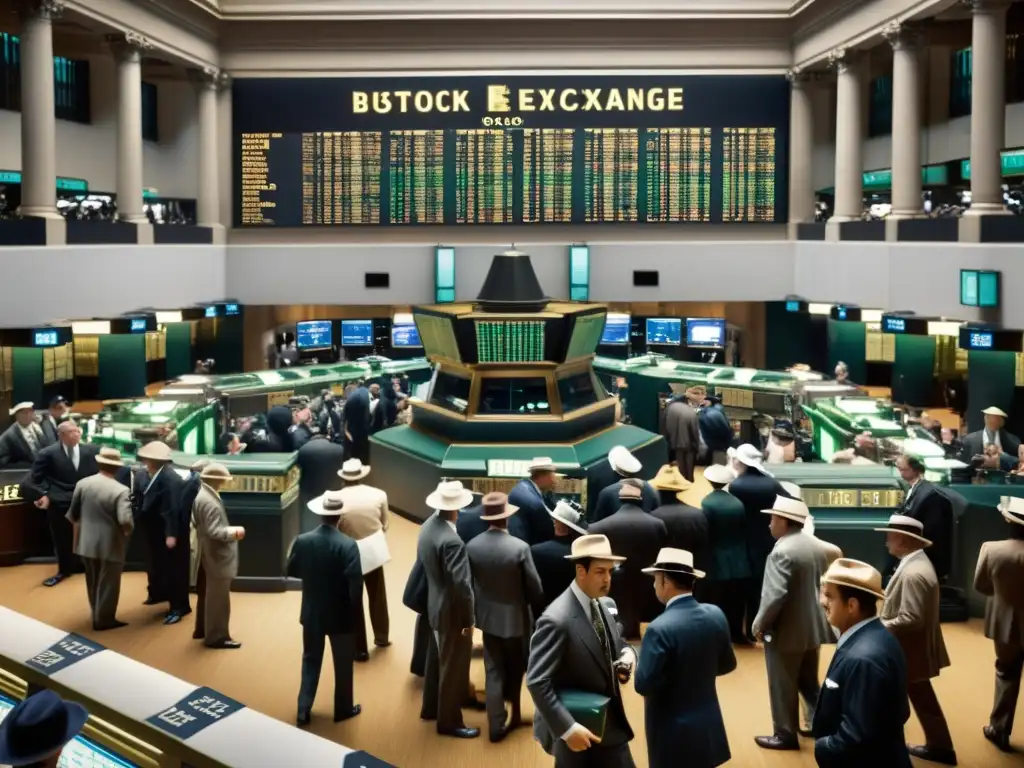 Una fotografía en blanco y negro de la bulliciosa bolsa de valores de principios de 1900, con traders haciendo transacciones frenéticas