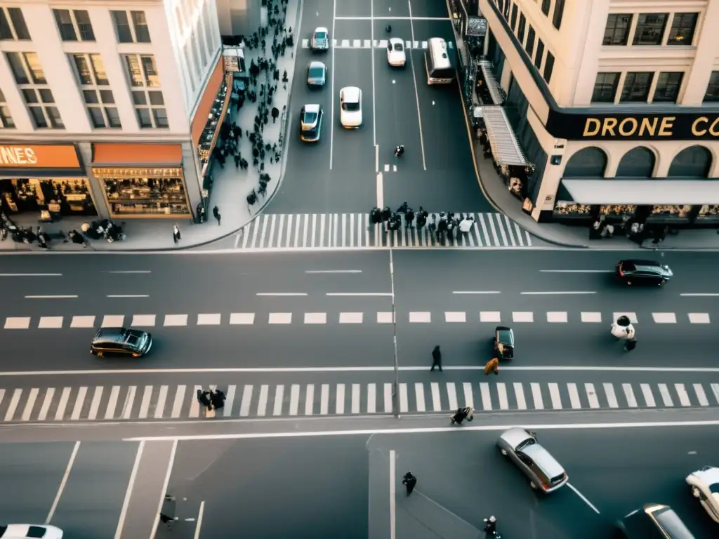 Contraste urbano: Vida cotidiana y drones en la ciudad Una fotografía en blanco y negro de una bulliciosa calle de la ciudad, con un drone capturando el impacto de la sociedad moderna