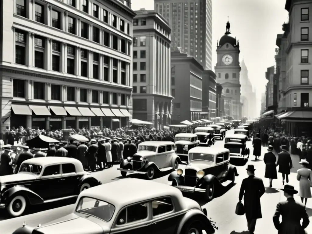 Una fotografía en blanco y negro de una bulliciosa calle de ciudad a principios del siglo XX, con coches antiguos, gente y edificios altos