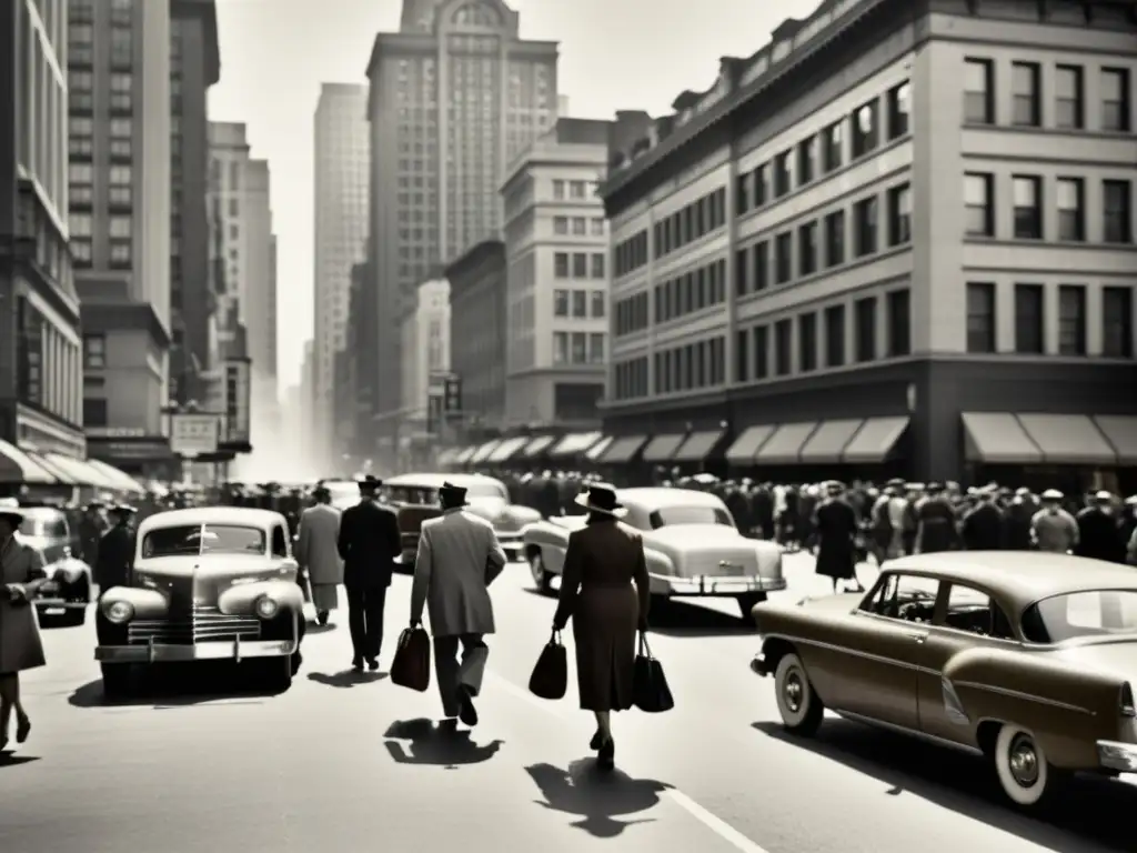 Una fotografía vintage en blanco y negro de una bulliciosa calle de la ciudad, con personas caminando, coches antiguos y altos edificios al fondo