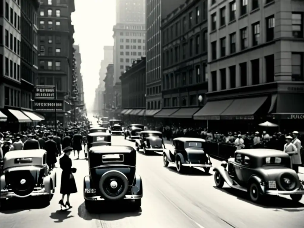 Una fotografía vintage en blanco y negro de una bulliciosa calle de la ciudad en la era moderna, con edificios altos y coches antiguos