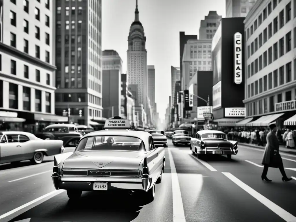 Una fotografía en blanco y negro de una bulliciosa calle de la ciudad, llena de autos clásicos y peatones, que destaca la importancia de la fotografía en la publicidad y la comunicación visual