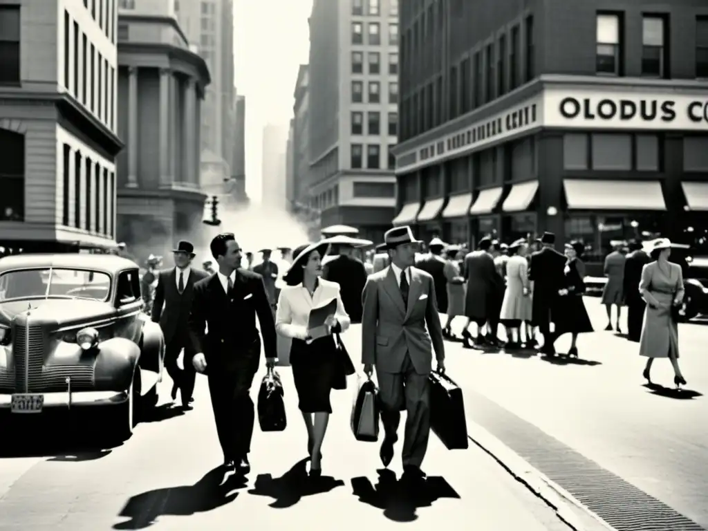 Una fotografía vintage en blanco y negro de una bulliciosa calle de la ciudad, evocando la era pasada con personas de negocios y edificios majestuosos