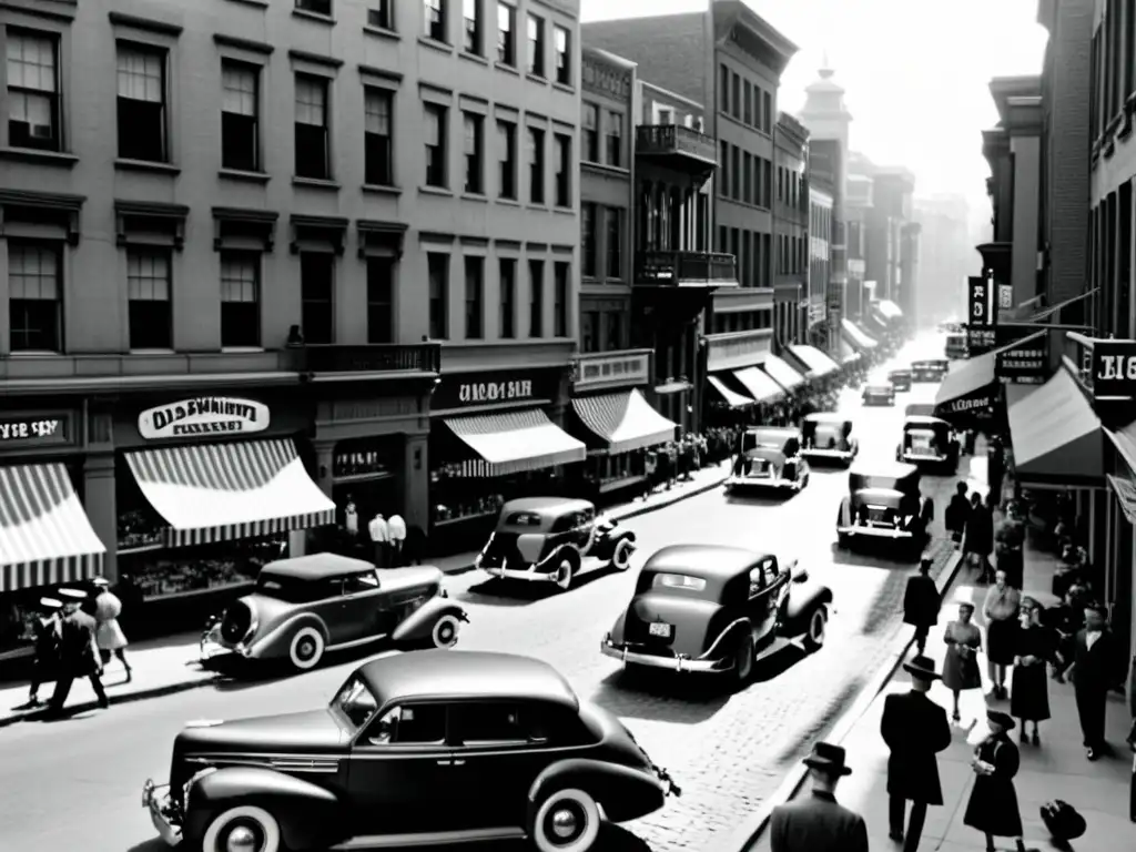 Una fotografía en blanco y negro de una bulliciosa calle de la ciudad con autos y personas de los años 40