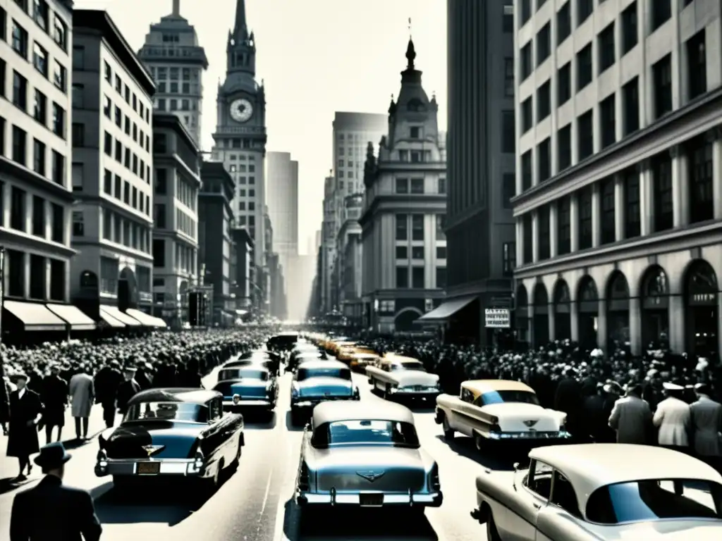 Una fotografía en blanco y negro de una bulliciosa calle urbana llena de autos clásicos y peatones, con altos edificios