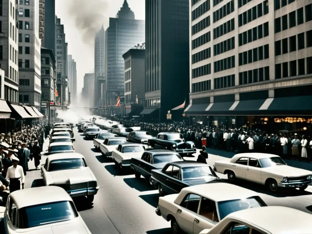 Una fotografía en blanco y negro de una bulliciosa calle de la ciudad llena de autos a gasolina y rodeada de altos edificios y peatones animados