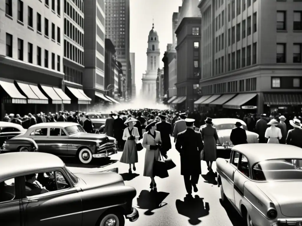 Una fotografía en blanco y negro de una bulliciosa calle de la ciudad, con personas vestidas a la moda antigua