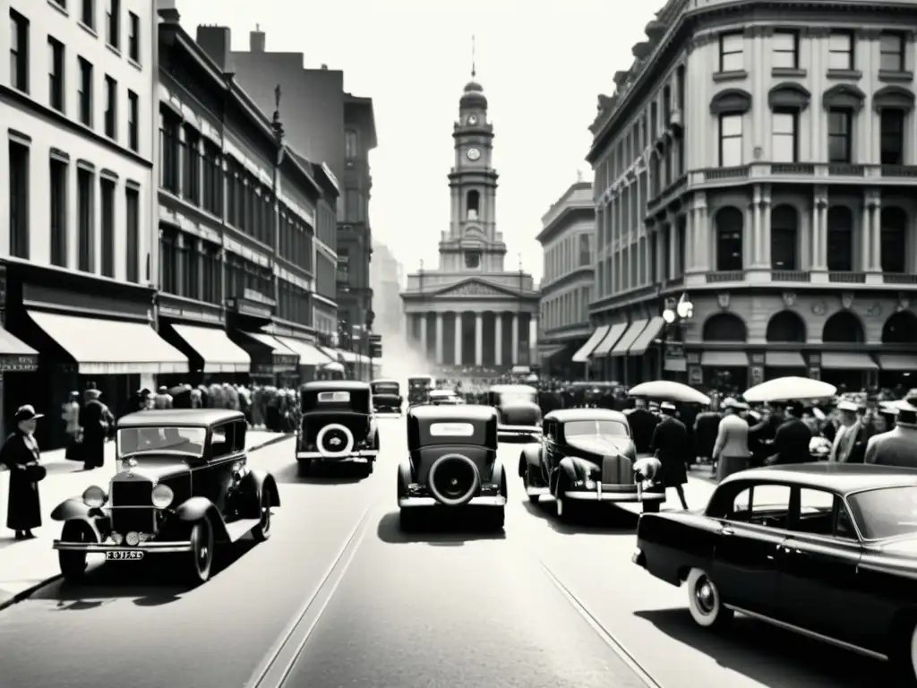 Una fotografía en blanco y negro de una bulliciosa calle de la ciudad, capturando la importancia de la fotografía en la historia