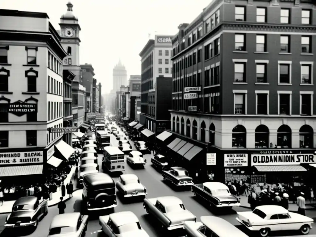 Una fotografía vintage en blanco y negro de una bulliciosa calle de la ciudad, capturando la evolución de la señalética urbana