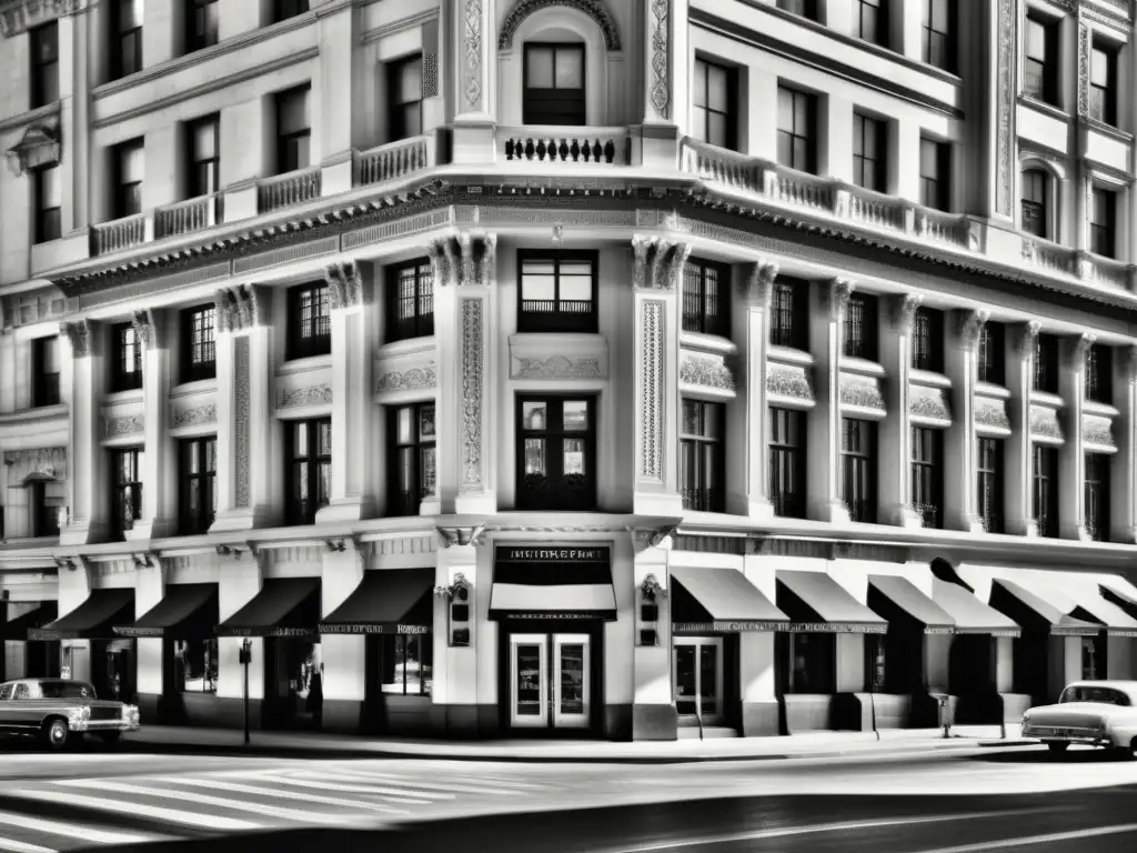 Una fotografía en blanco y negro de una bulliciosa esquina de la ciudad con un edificio histórico y una entrada de ascensor ornamental