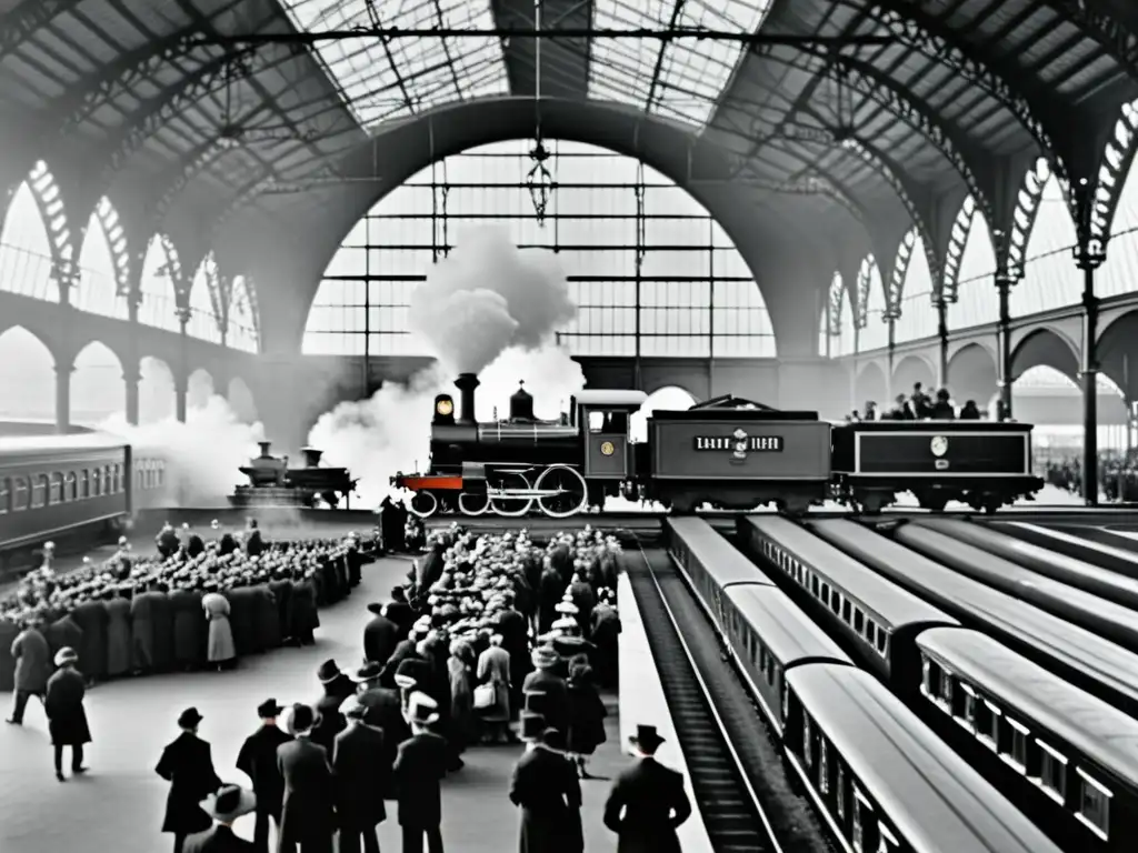 Una fotografía en blanco y negro de una bulliciosa estación de tren durante la Revolución Industrial