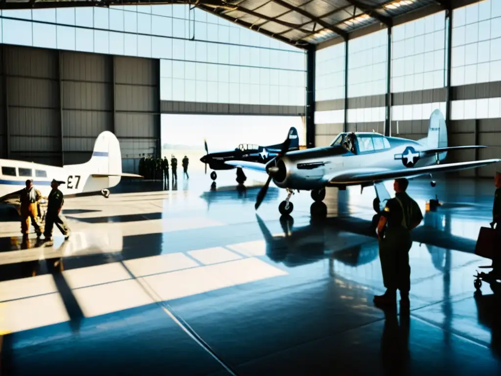 Una fotografía vintage en blanco y negro de un bullicioso hangar de aeropuerto, lleno de aviones y trabajadores