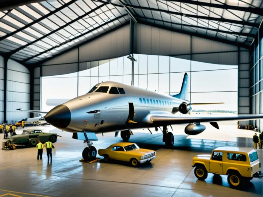 Una fotografía en blanco y negro de un bullicioso hangar de aeropuerto, donde los trabajadores mantienen y reparan aviones