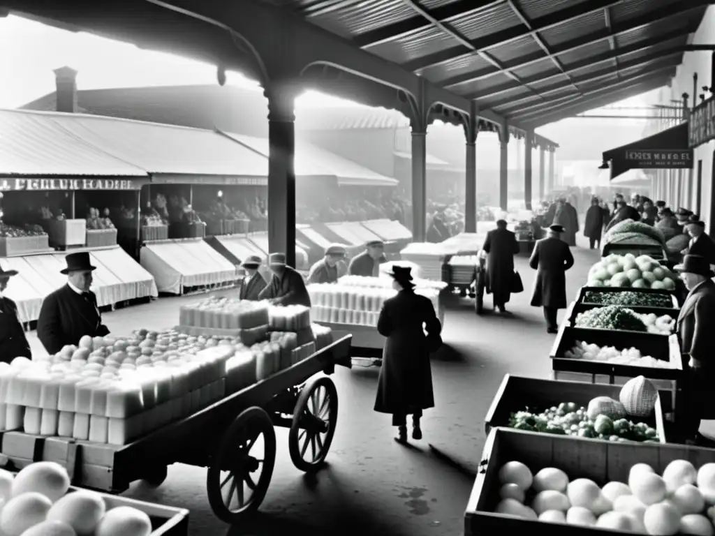 Una fotografía en blanco y negro de un bullicioso mercado de principios del siglo XX, con vendedores vendiendo bloques de hielo y productos frescos