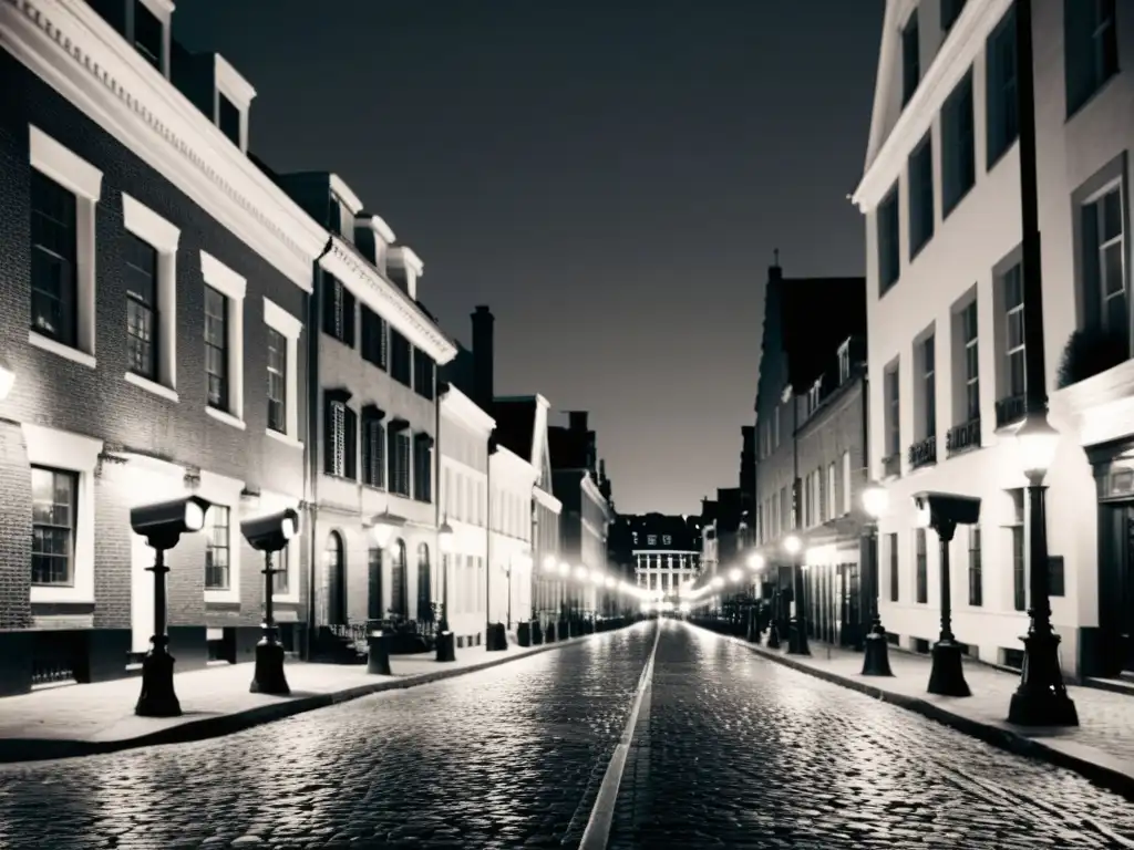 Una fotografía vintage en blanco y negro de una calle de la ciudad por la noche con cámaras de seguridad antiguas en edificios