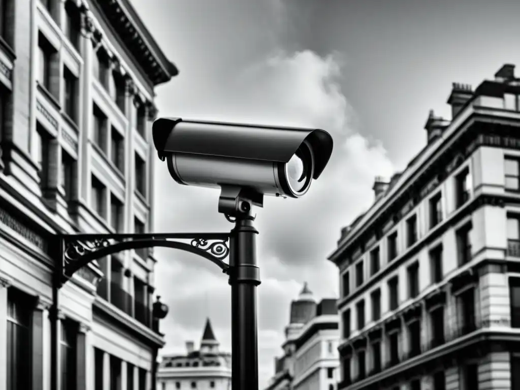 Una fotografía en blanco y negro de una cámara de seguridad vintage en una esquina de la calle, capturando la bulliciosa ciudad