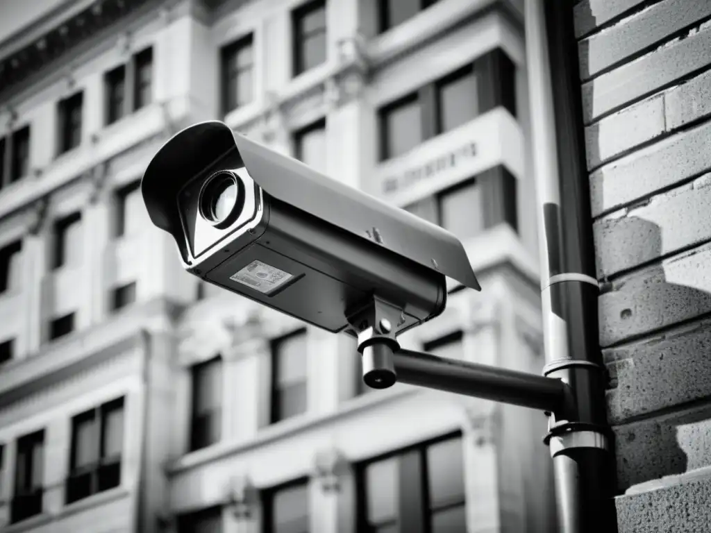 Una fotografía en blanco y negro muestra una cámara de seguridad vintage en una esquina de un edificio, observando una animada calle de la ciudad