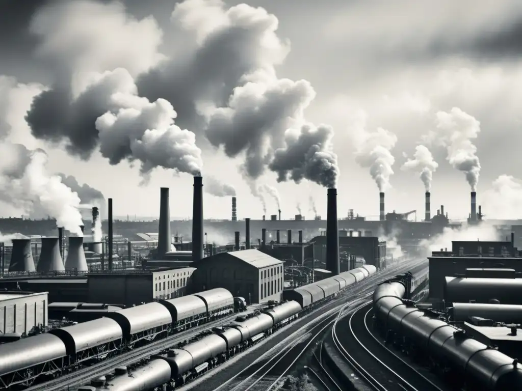 Una fotografía vintage en blanco y negro de una ciudad industrial bulliciosa, con humeantes chimeneas y fábricas activas